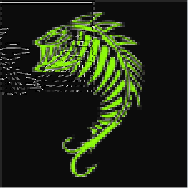 A neon green stylized fish skeleton with sharp teeth on a black background.